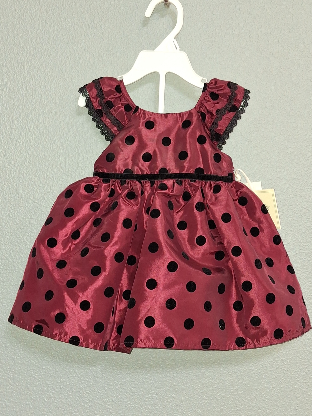 Laura Ashley Crimson and Black Polka Dot Satin Dress